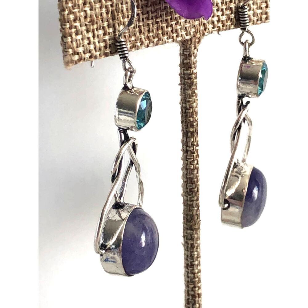 925 Sterling Aventurine & Blue Topaz Dangle Earrings - Picture 3 of 6